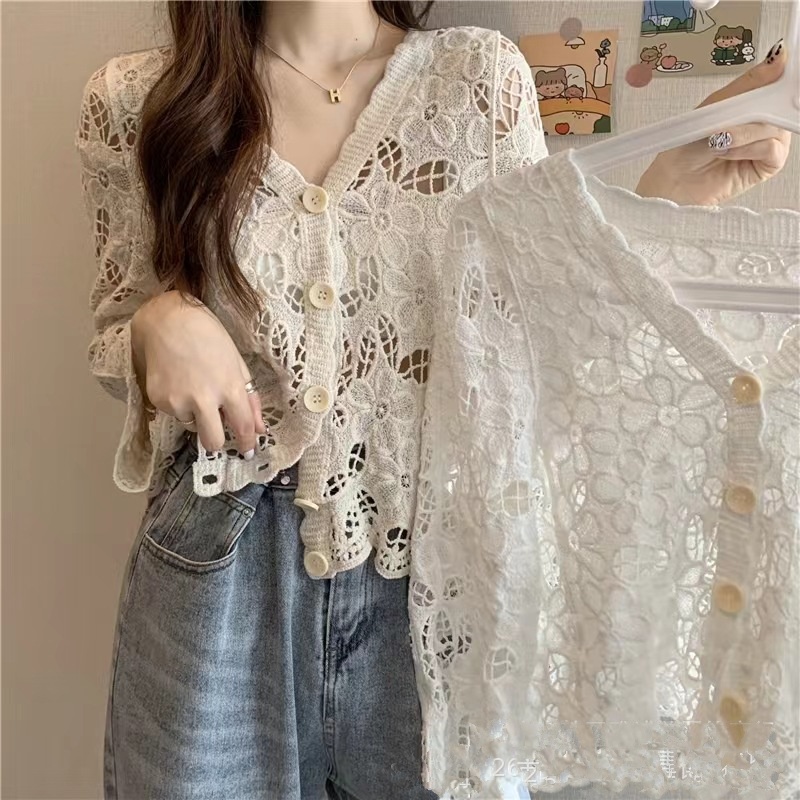 Stella Fashion Korean Style Lace Crochet Button-Up Cardigan | Breathable Long Sleeve Hollow Top for Women