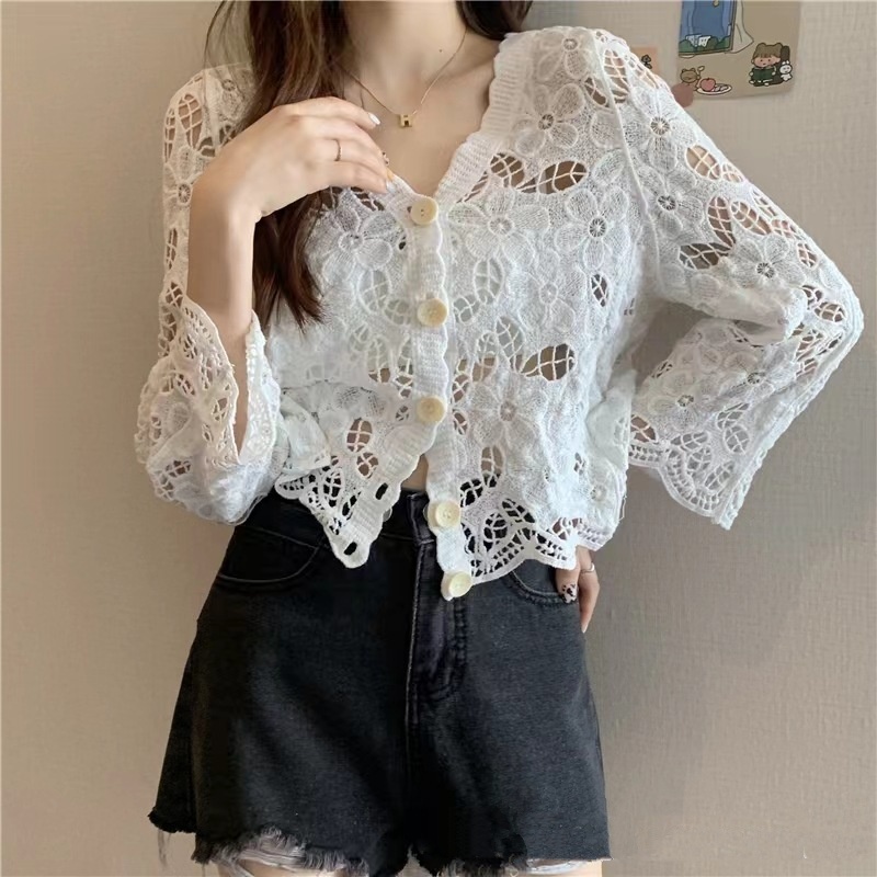 Stella Fashion Korean Style Lace Crochet Button-Up Cardigan | Breathable Long Sleeve Hollow Top for Women