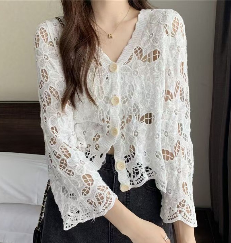 Stella Fashion Korean Style Lace Crochet Button-Up Cardigan | Breathable Long Sleeve Hollow Top for Women