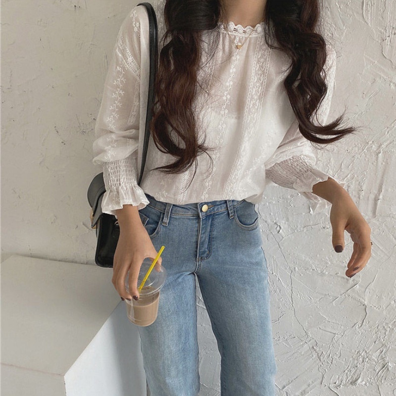Stella Fashion Korean Style Women Ladies Loose Lace Cotton Round Neck Puff Long Sleeve Shirt Blouse-Stella's Fashion