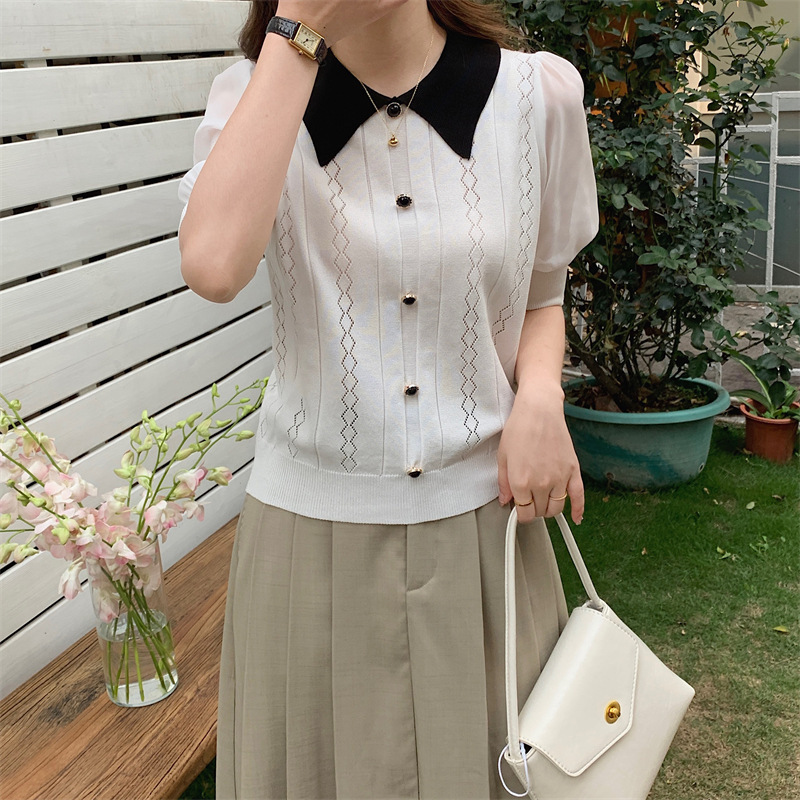 Stella Fashion Vintage Polo Collar Ice Silk Knit Top – Elegant Geometric Pattern, Half Sleeve Pullover