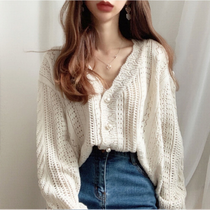 Stella Fashion Korean Retro Hollow Lazy Style Woolen Jacket Crocheted sweater V-neck Women's knitted Loose Cardigan-Stella's Fashion
