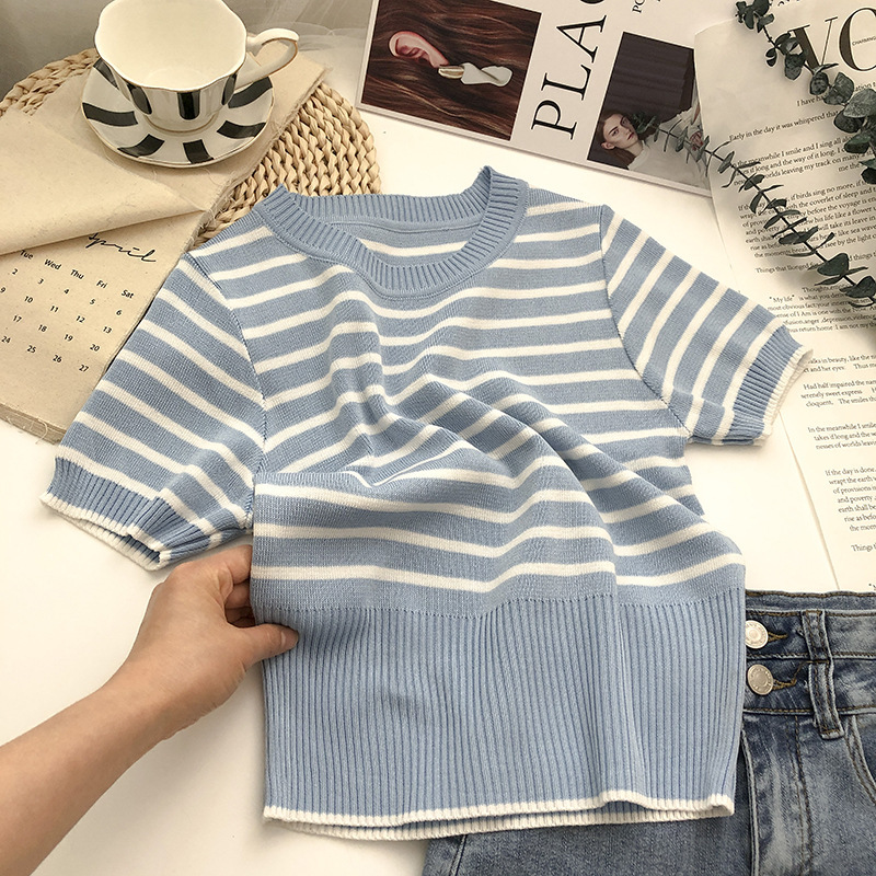 Stella Fashion Korean Style Striped Knit Top Women Short Sleeve Slim Fit Round Neck T-Shirt Pullover