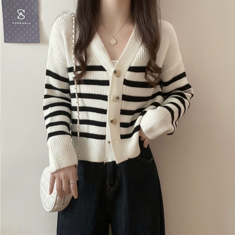 Stella Fashion Women's Striped Knitted Cardigan | Brown & Cream Casual V-Neck Long Sleeve Outerwear-Stella's Fashion