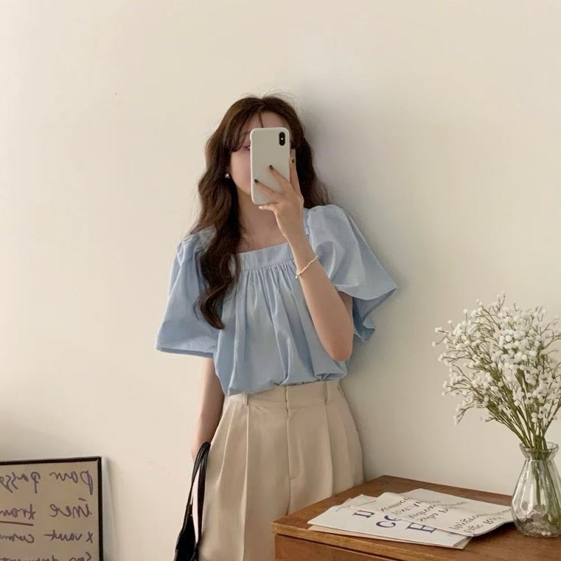 Stella Fashion Women Square Neck Puff Sleeve Blouse | Loose Fit Short Sleeve Casual Top | Light Blue