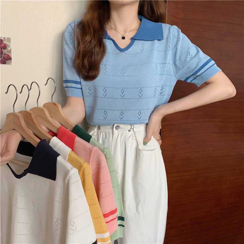 Stella Fashion Sweet Striped Polo Top | Ice Silk Fabric | Slim Fit Pullover | Girly Fashion Blouse