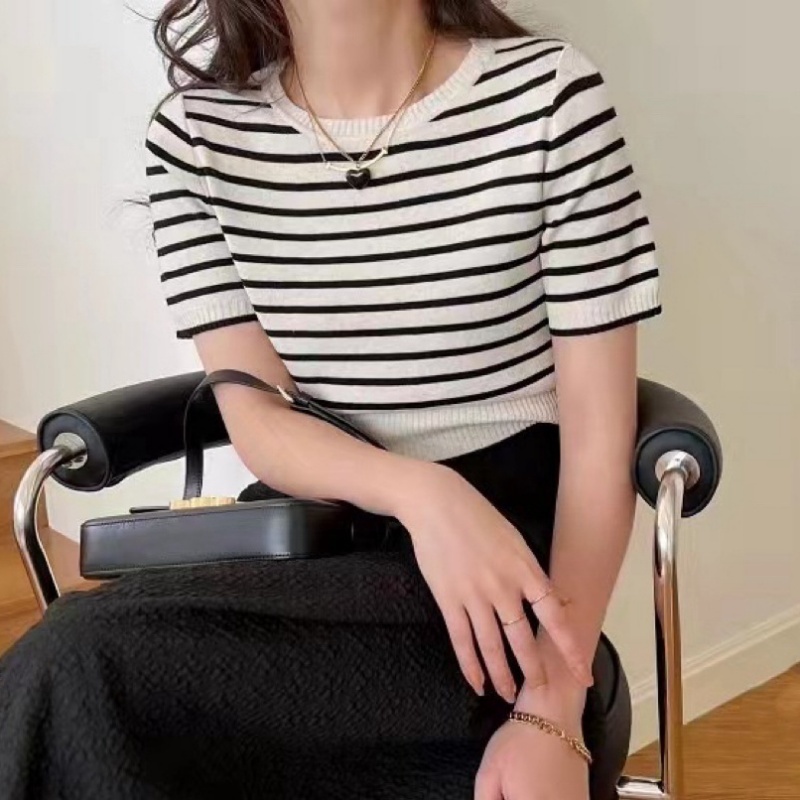 Stella Fashion Korean Style Striped Knit Top Women Short Sleeve Slim Fit Round Neck T-Shirt Pullover