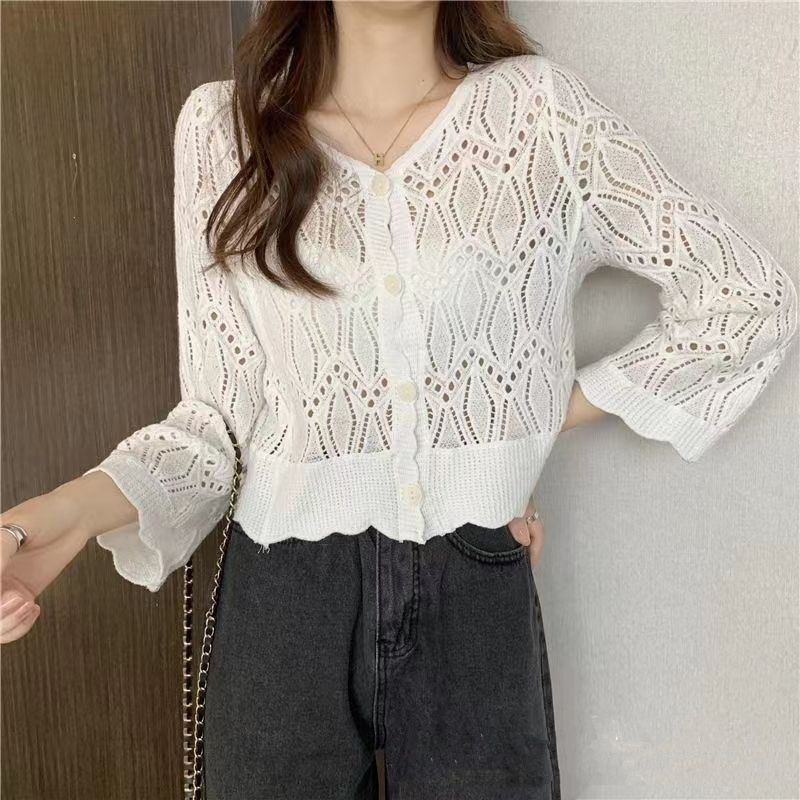 Stella Fashion Korean Style Lace Crochet Button-Up Cardigan | Breathable Long Sleeve Hollow Top for Women