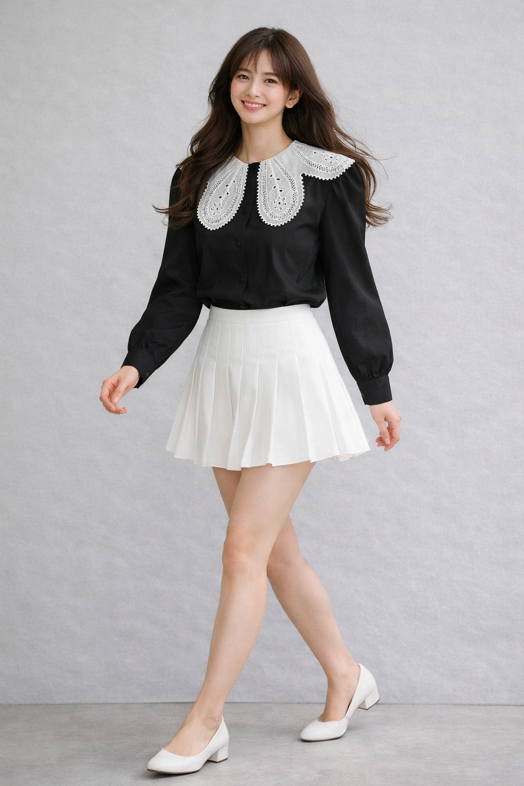 Stella Fashion Women Korean Lace Collar Long Sleeve Blouse Elegant Office Lady White Shirt Puff Sleeve Slim Fit Top S-XL