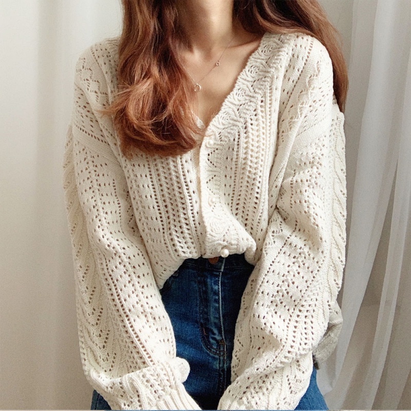 Stella Fashion Korean Retro Hollow Lazy Style Woolen Jacket Crocheted sweater V-neck Women's knitted Loose Cardigan-Stella's Fashion