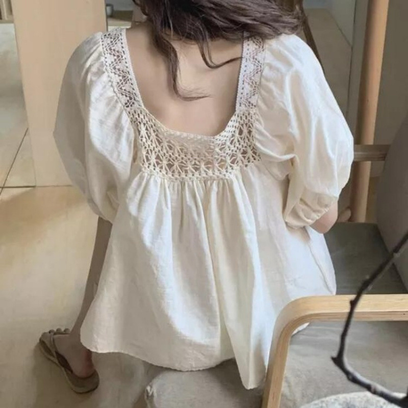 Korean Style Puff Sleeve Blouse For Women l Square Neck, Lace Trim, Loose Fit for Daily & Office Wear