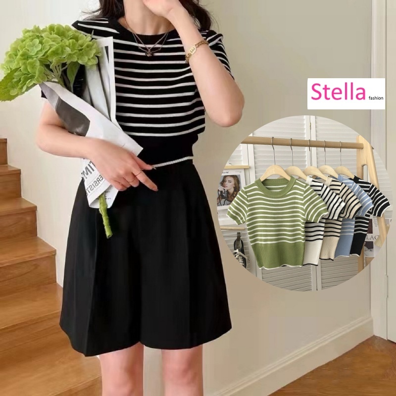 Stella Fashion Korean Style Striped Knit Top Women Short Sleeve Slim Fit Round Neck T-Shirt Pullover