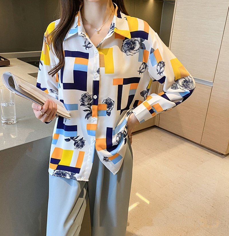 Stella Fashion Chic Korean Style Printed Blouse | Women's Elegant Long Sleeve Loose Fit Lapel Cardigan Top For Office Wear