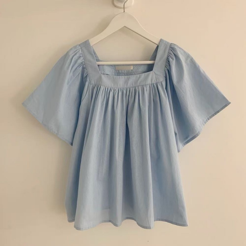 Stella Fashion Women Square Neck Puff Sleeve Blouse | Loose Fit Short Sleeve Casual Top | Light Blue