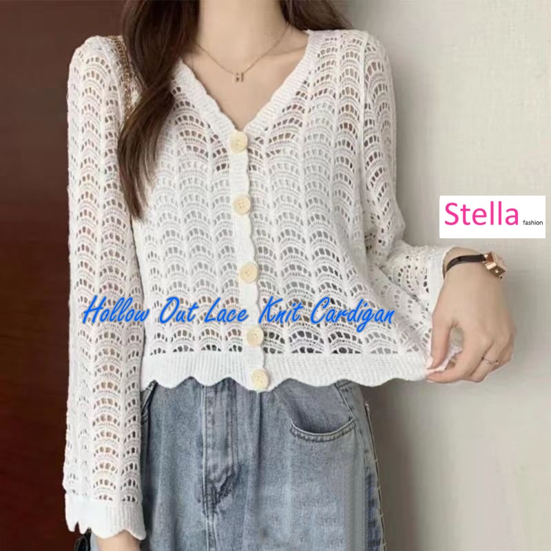 Stella Fashion Korean Style Lace Crochet Button-Up Cardigan | Breathable Long Sleeve Hollow Top for Women