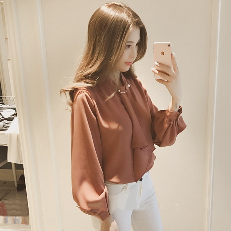 Stella Fashion Women's Long Sleeve Shirt Korean Style Solid Color Lantern Sleeve Chiffon Blouse