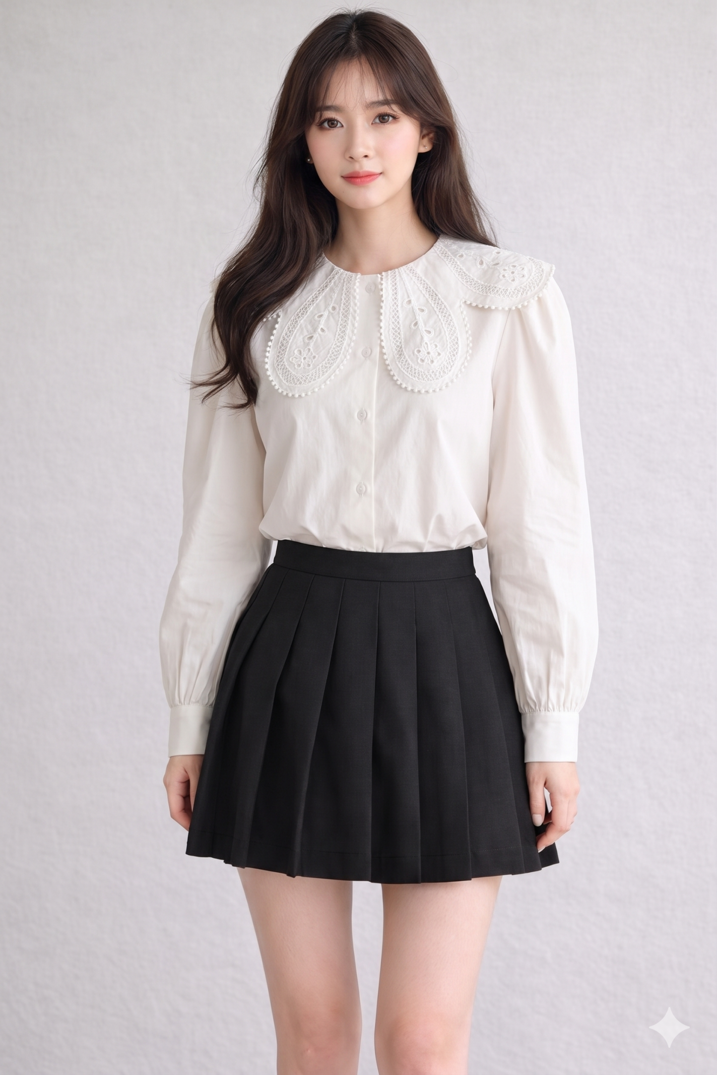 Stella Fashion Women Korean Lace Collar Long Sleeve Blouse Elegant Office Lady White Shirt Puff Sleeve Slim Fit Top S-XL