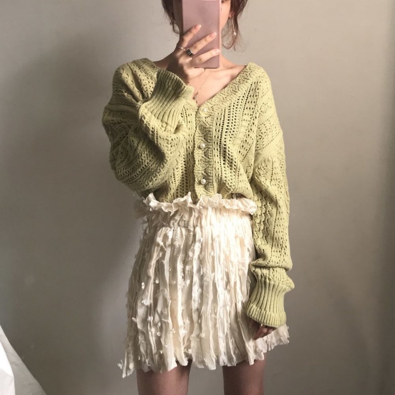 Stella Fashion Korean Retro Hollow Lazy Style Woolen Jacket Crocheted sweater V-neck Women's knitted Loose Cardigan-Stella's Fashion