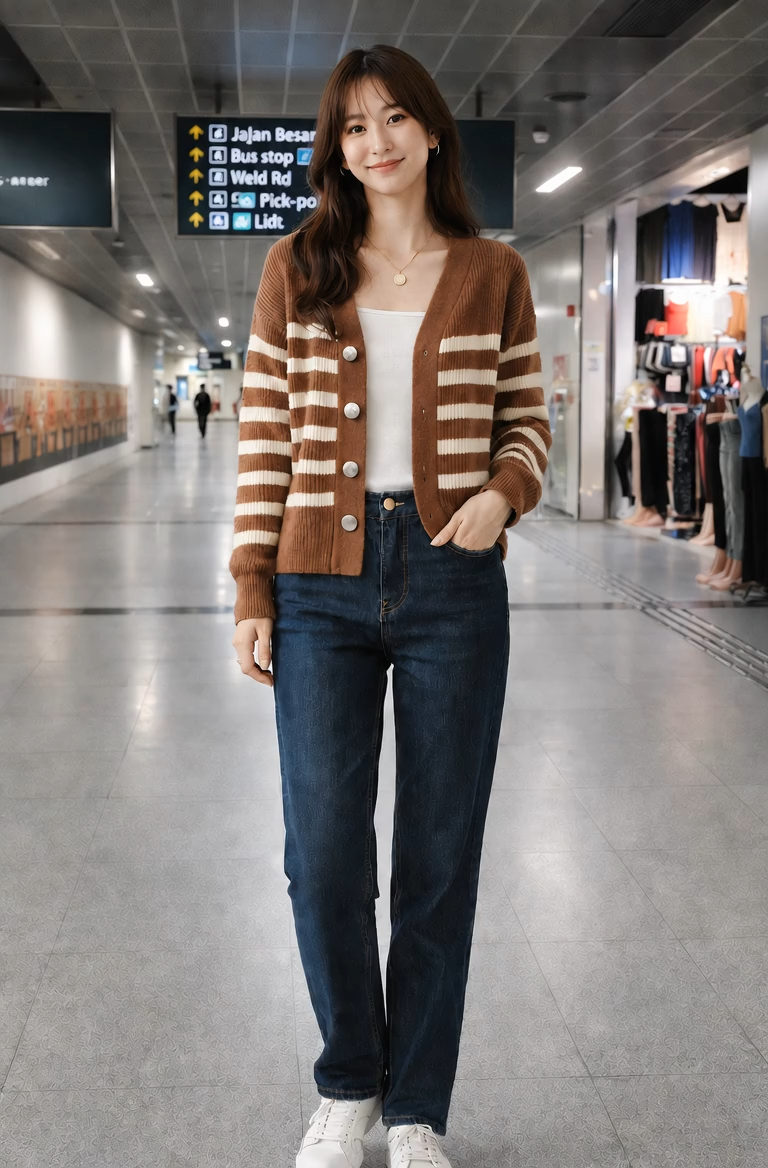 Stella Fashion Women's Striped Knitted Cardigan | Brown & Cream Casual V-Neck Long Sleeve Outerwear