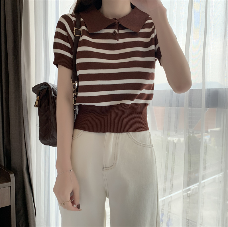 Stella Fashion Korean Version Striped Short Sleeve Knitted T-Shirt Rou
