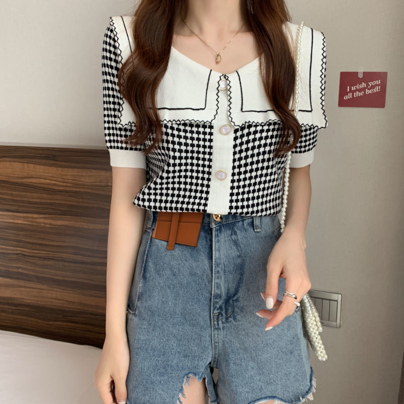Stella Fashion Women’s Elegant Houndstooth Knitted Cardigan with Sailor Collar, Princess Sleeves, Pearl Buttons, Black & White Spring Fashion Top