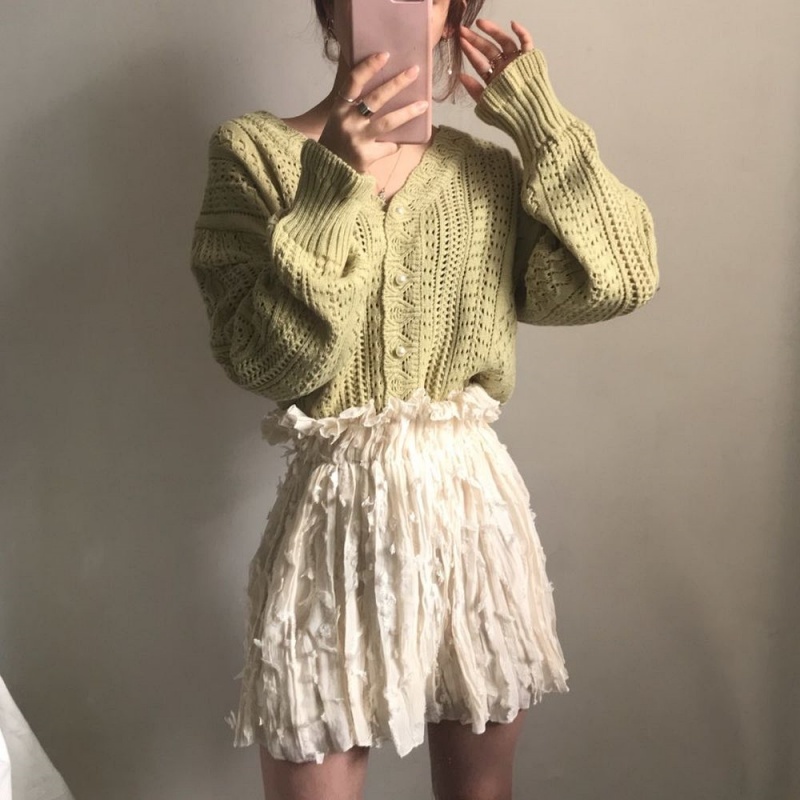 Stella Fashion Korean Retro Hollow Lazy Style Woolen Jacket Crocheted sweater V-neck Women's knitted Loose Cardigan-Stella's Fashion