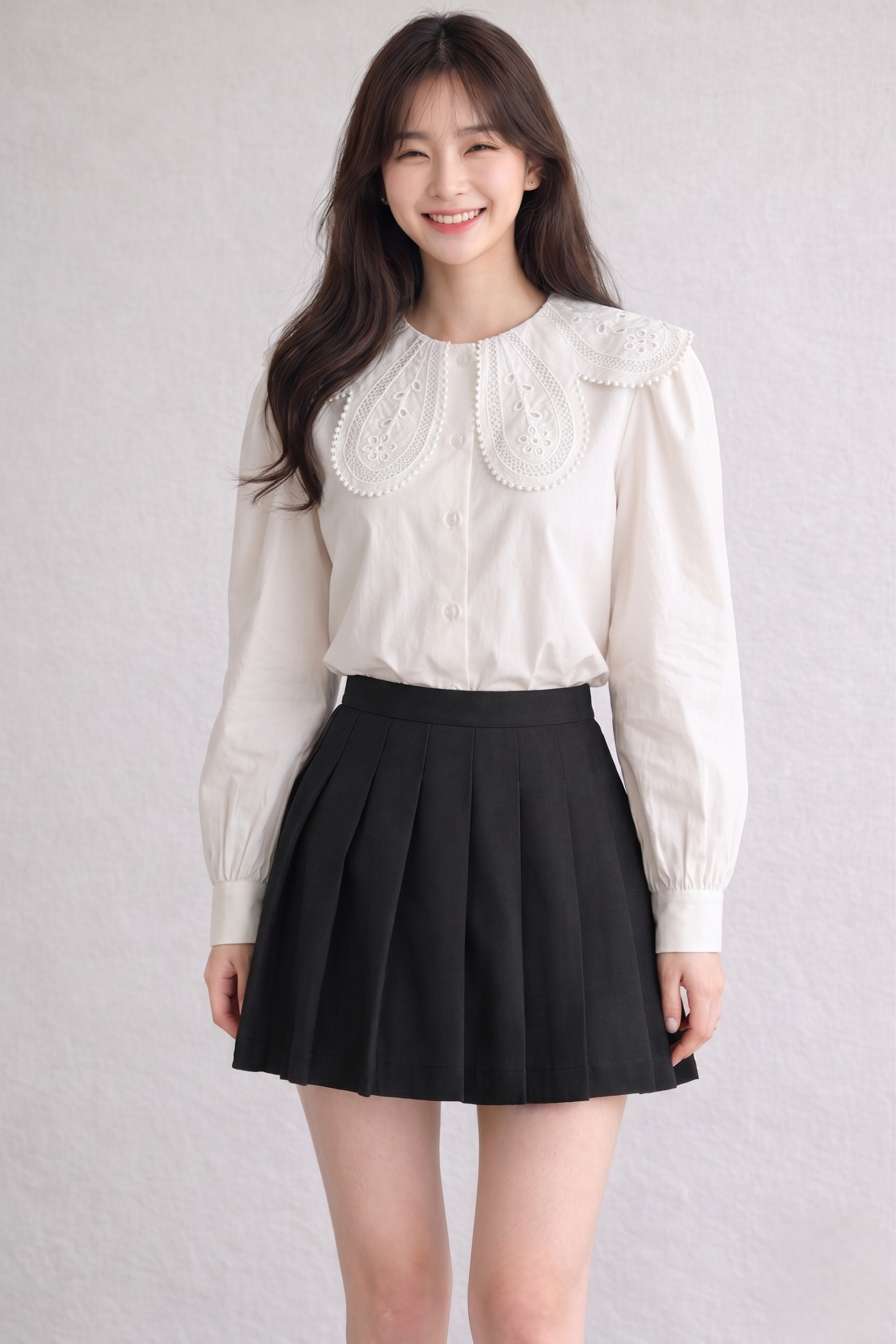 Stella Fashion Women Korean Lace Collar Long Sleeve Blouse Elegant Office Lady White Shirt Puff Sleeve Slim Fit Top S-XL