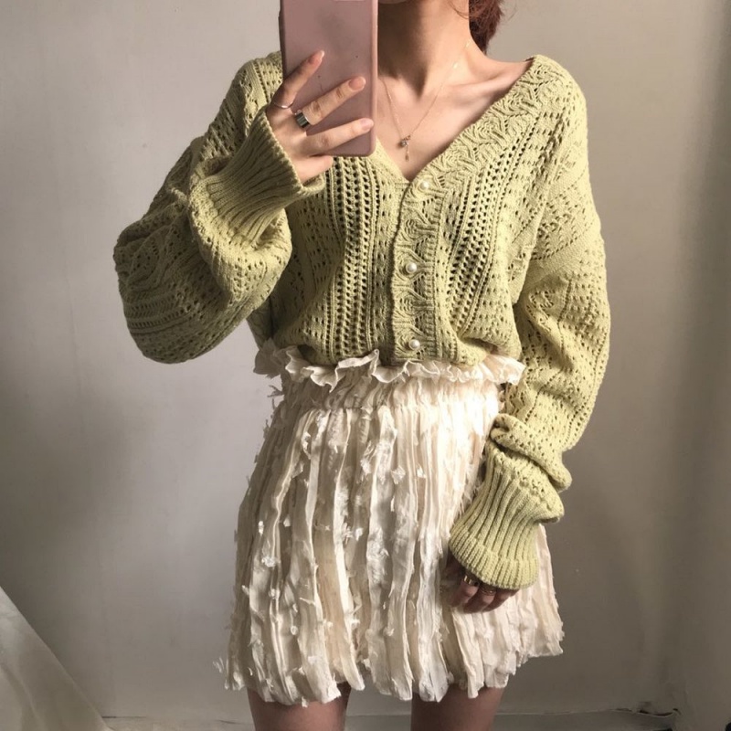 Stella Fashion Korean Retro Hollow Lazy Style Woolen Jacket Crocheted sweater V-neck Women's knitted Loose Cardigan-Stella's Fashion