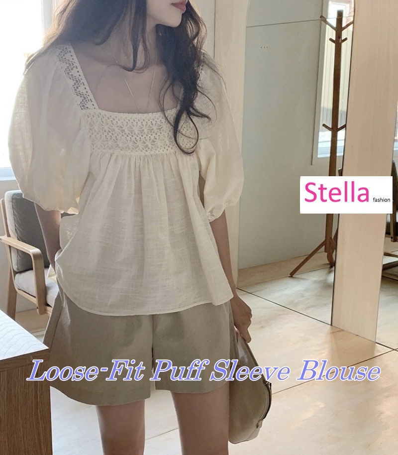 Korean Style Puff Sleeve Blouse For Women l Square Neck, Lace Trim, Loose Fit for Daily & Office Wear