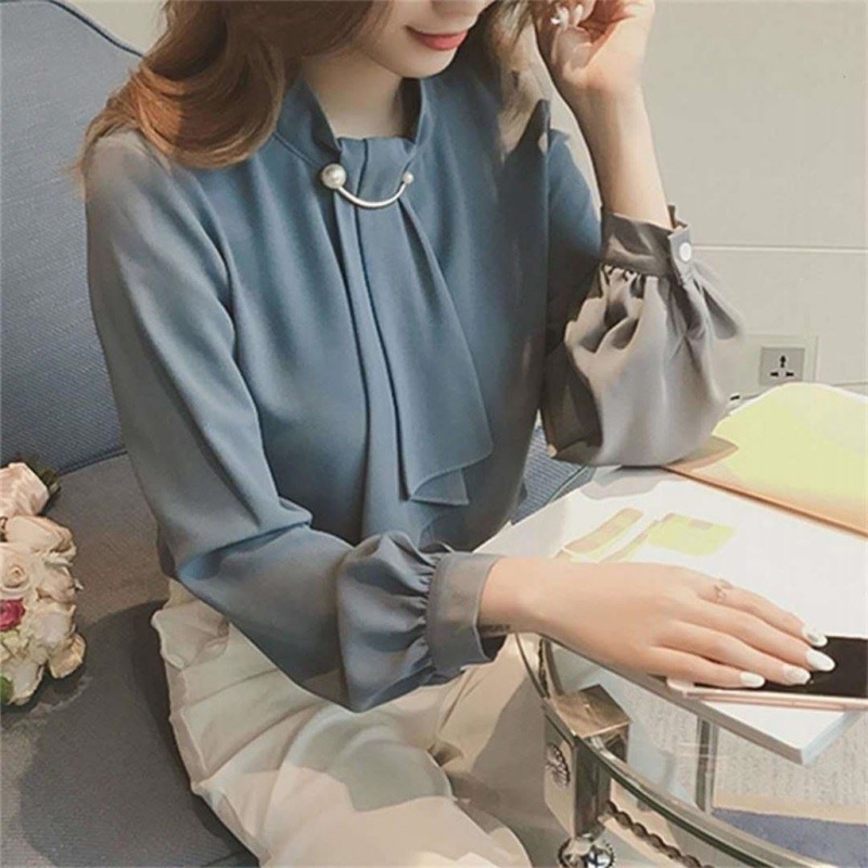 Stella Fashion Women's Long Sleeve Shirt Korean Style Solid Color Lantern Sleeve Chiffon Blouse