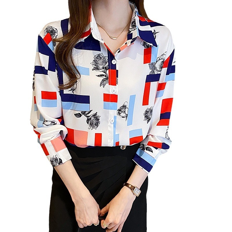 Stella Fashion Chic Korean Style Printed Blouse | Women's Elegant Long Sleeve Loose Fit Lapel Cardigan Top For Office Wear