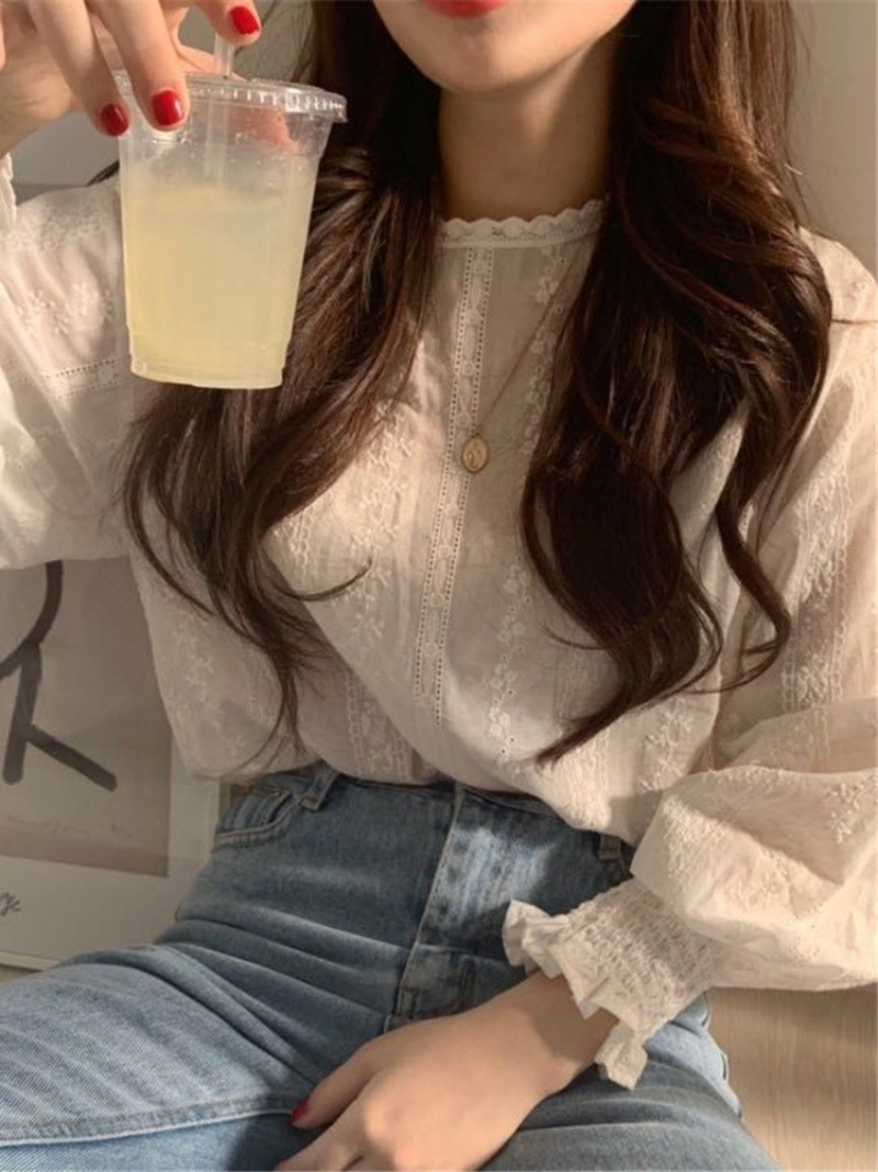 Stella Fashion Korean Style Women Ladies Loose Lace Cotton Round Neck Puff Long Sleeve Shirt Blouse