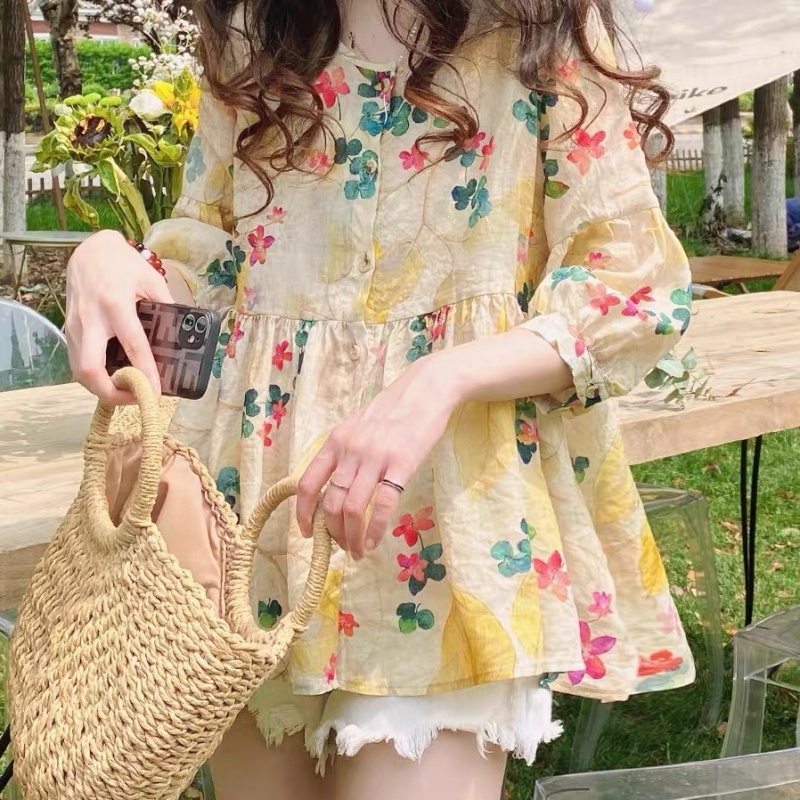 Stella Fashion Women Half Sleeve Loose Plus Size Blouse Fashion Shirts Korean Style bubble Sleeves Flower Pattern Blouse  -Stella's Fashion