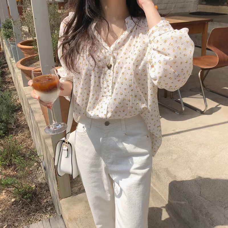 Stella Fashion Korean Style Women Ladies Loose Chiffon Floral Long Sleeve Shirt Blouse