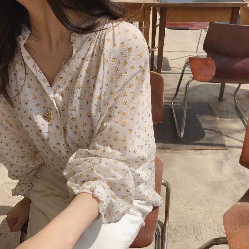 Stella Fashion Korean Style Women Ladies Loose Chiffon Floral Long Sleeve Shirt Blouse