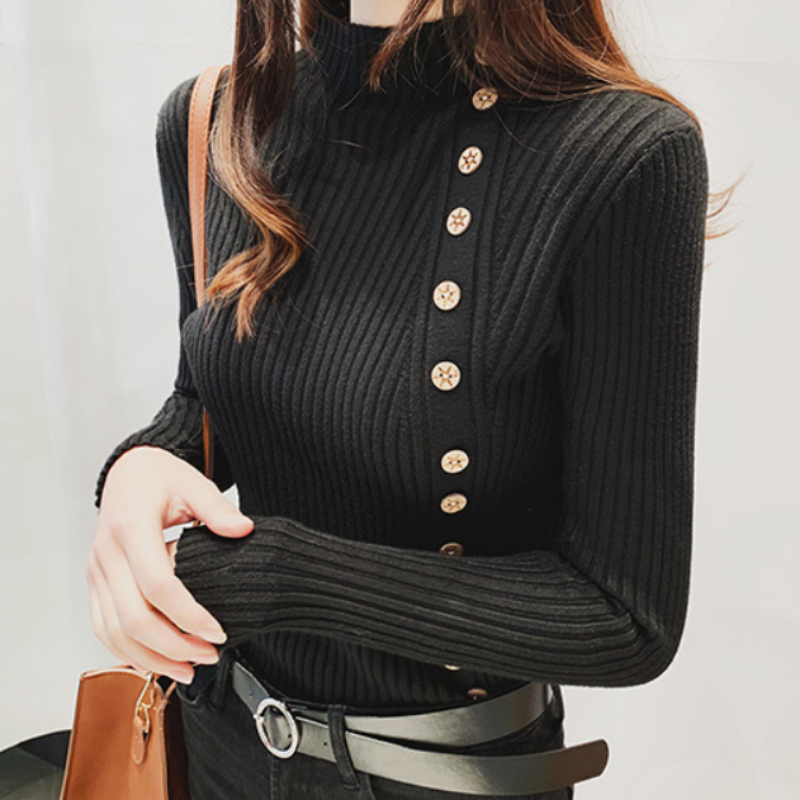 Stella Fashion New Style Half-Turtleneck Pullover Long-Sleeved Slim-Fit Sweater Women's Button-Down All-Match Sweater Bottoming Shirt Top-Stella's Fashion