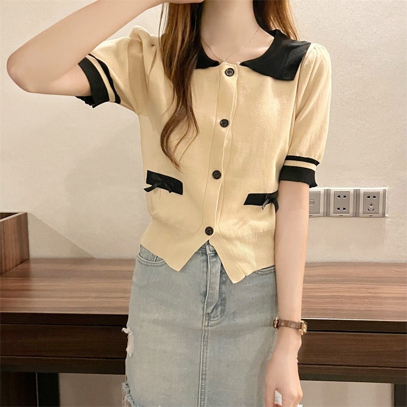 Stella Fashion Women Summer New Style Knit Cardigan Lapel Polo Collar Short Sleeve Sweater