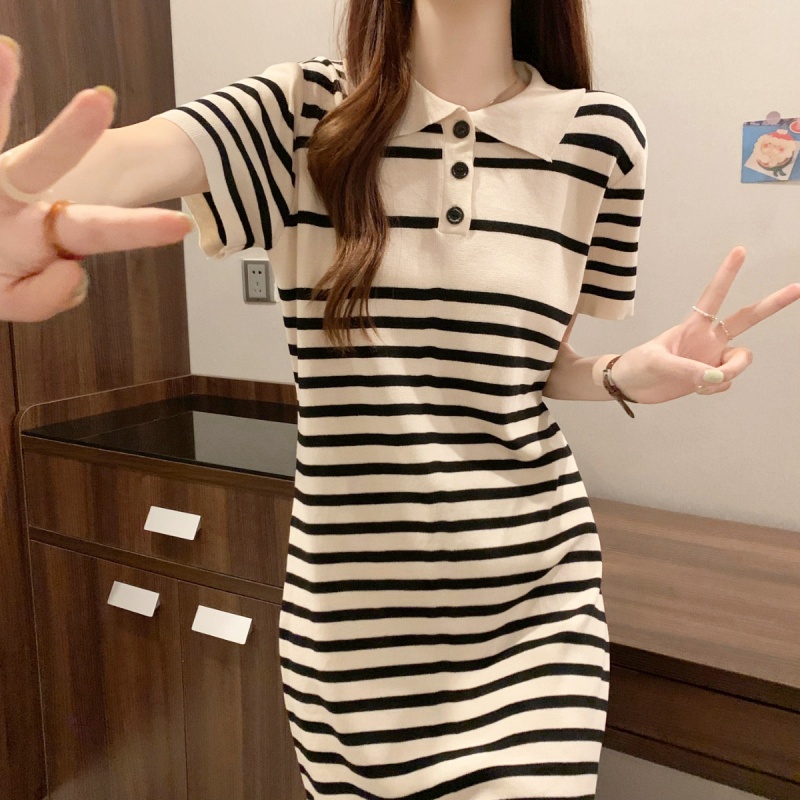 Stella Fashion Women’s Short Sleeve Polo Dress, Striped A-Line Skirt, Casual Korean Fashion