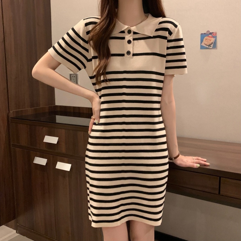 Stella Fashion Women’s Short Sleeve Polo Dress, Striped A-Line Skirt, Casual Korean Fashion