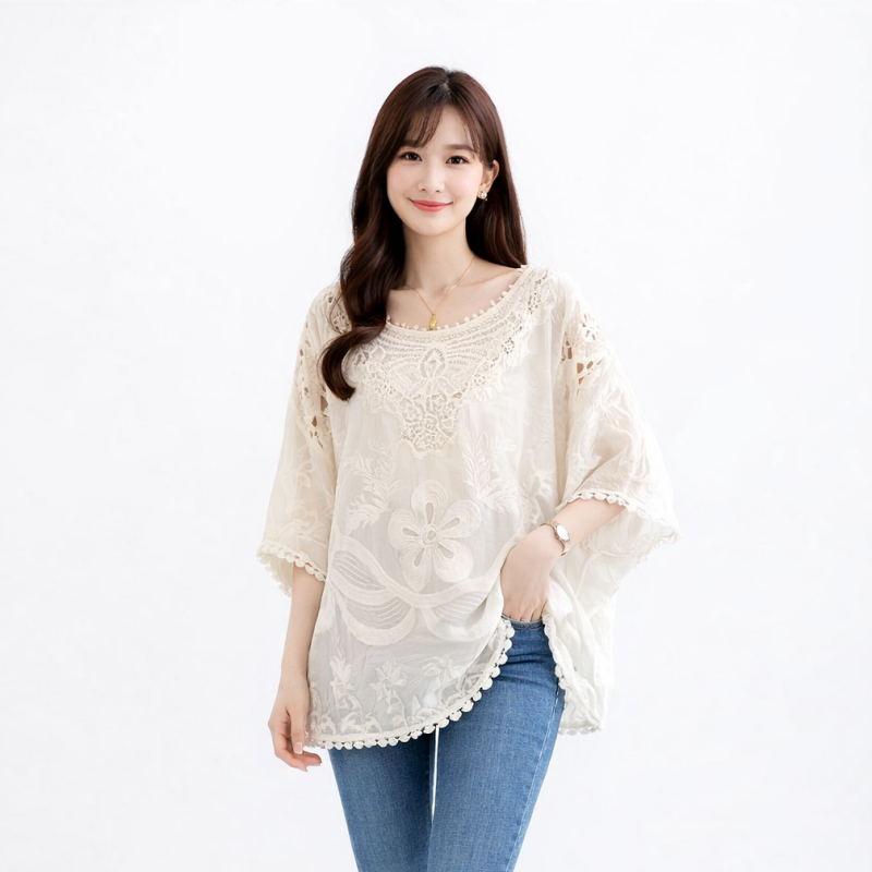 Stella Fashion Fresh Lace Embroidery Blouse – Lightweight, Sweet & Elegant, Perfect for Daily Wear