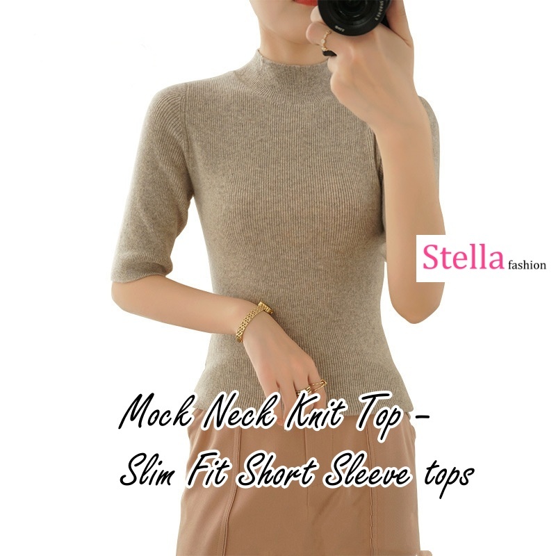 Stella Fashion Women’s Half Sleeve Knit Top 2025 Summer Mock Neck Slim Fit Base Layer