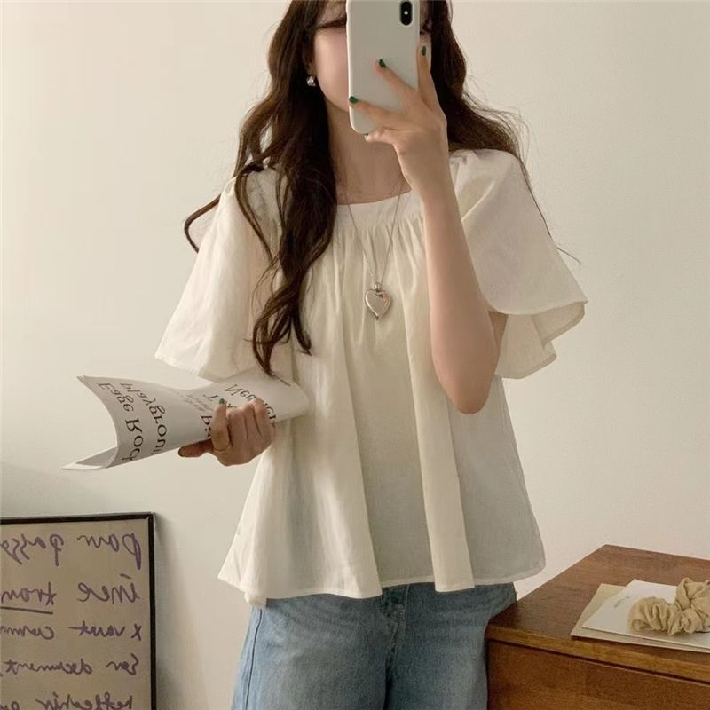 Stella Fashion Women Square Neck Puff Sleeve Blouse | Loose Fit Short Sleeve Casual Top | Light Blue