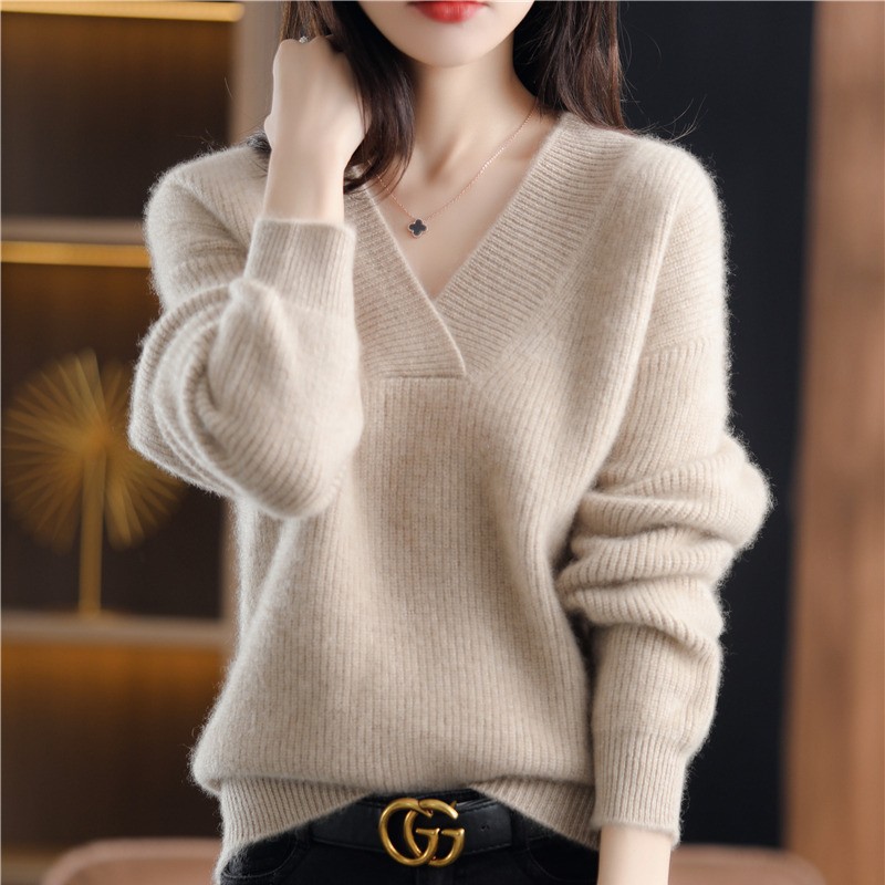 Stella Fashion Korean Style V Neck Knit Sweater Women Loose Fit Long Sleeve Warm Knitted Pullover Casual Winter Top