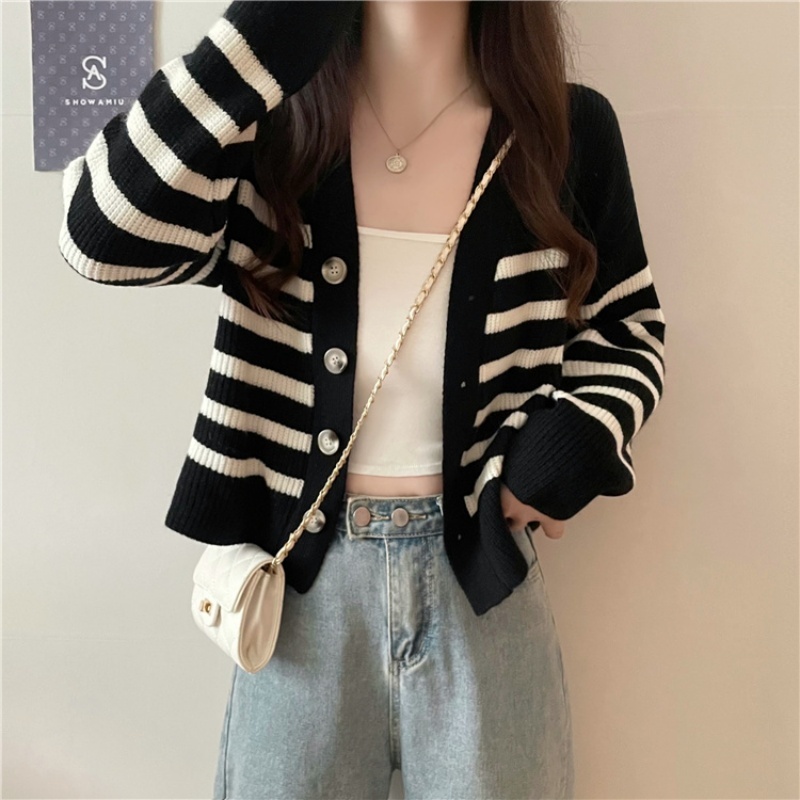 Stella Fashion Women's Striped Knitted Cardigan | Brown & Cream Casual V-Neck Long Sleeve Outerwear-Stella's Fashion