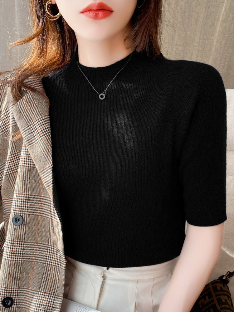 Stella Fashion Women’s Half Sleeve Knit Top 2025 Summer Mock Neck Slim Fit Base Layer