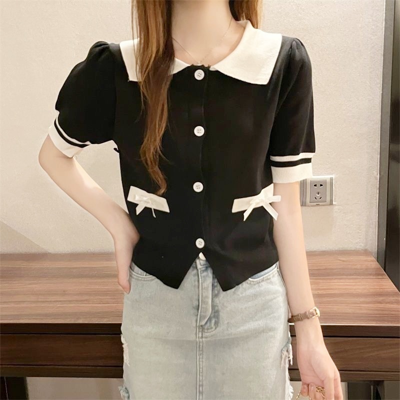 Stella Fashion Women Summer New Style Knit Cardigan Lapel Polo Collar Short Sleeve Sweater