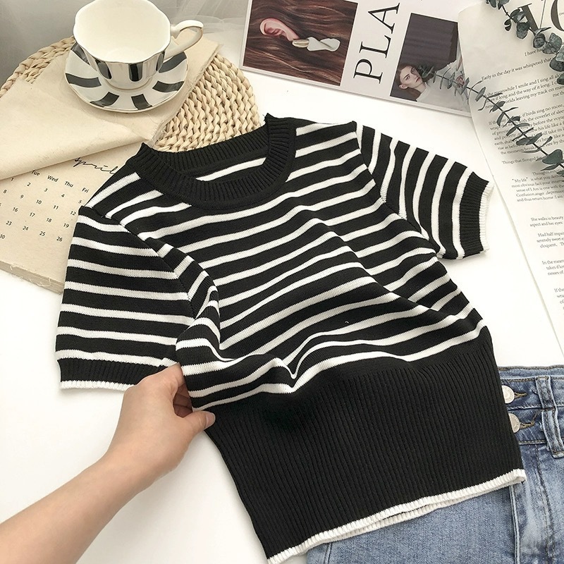 Stella Fashion Korean Style Striped Knit Top Women Short Sleeve Slim Fit Round Neck T-Shirt Pullover