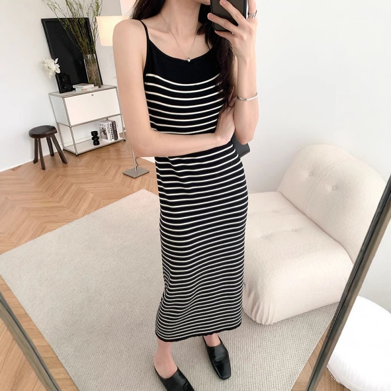  Stella Fashion Korean Style Striped Knitted Maxi Dress Women Sleeveless Slim Fit Bodycon Dress