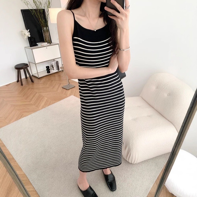  Stella Fashion Korean Style Striped Knitted Maxi Dress Women Sleeveless Slim Fit Bodycon Dress