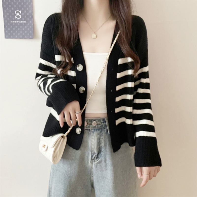Stella Fashion Women's Striped Knitted Cardigan | Brown & Cream Casual V-Neck Long Sleeve Outerwear-Stella's Fashion